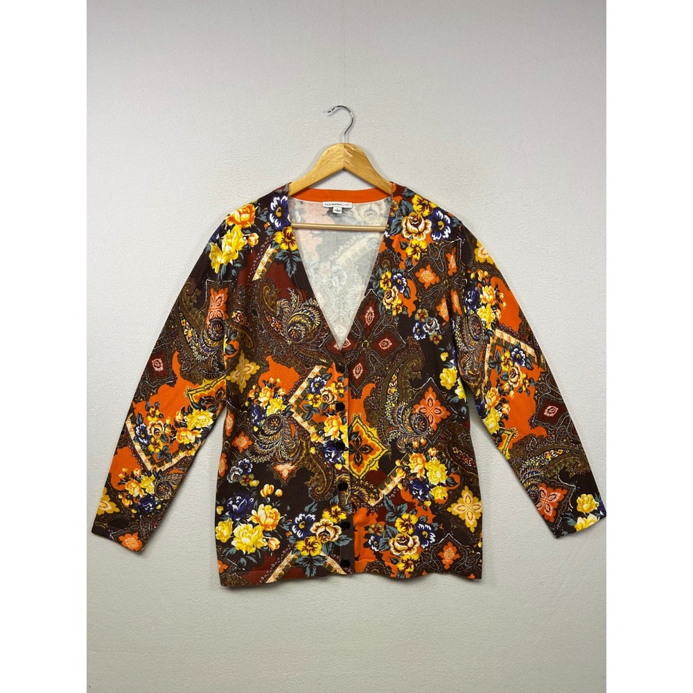 Boho Autumnal Isaac Mizrahi Live! Womens‎ Size L Orange Floral Paisley Cardigan